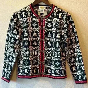Talbots Women’s Size S Nordic Fair Isle Holiday Blk/Wht‎ Buckle Cardigan Sweater